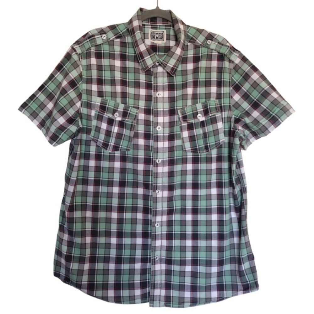 Converse One Star Button Up Shirt Men XL Green‎ Plaid Collared Short Sleeves